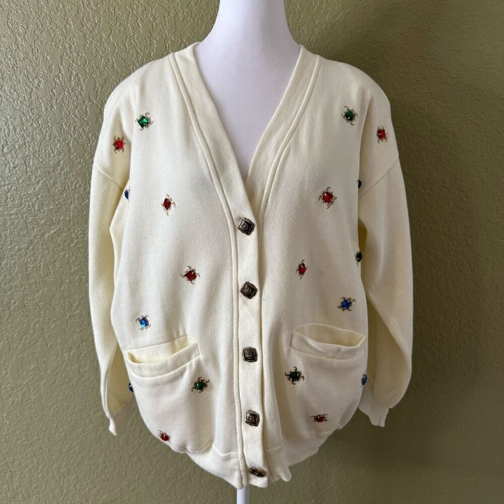 Vintage 80s Women's S Jewel Bedazzled Sweatshirt Cardigan Cream Retro Mod Artsy